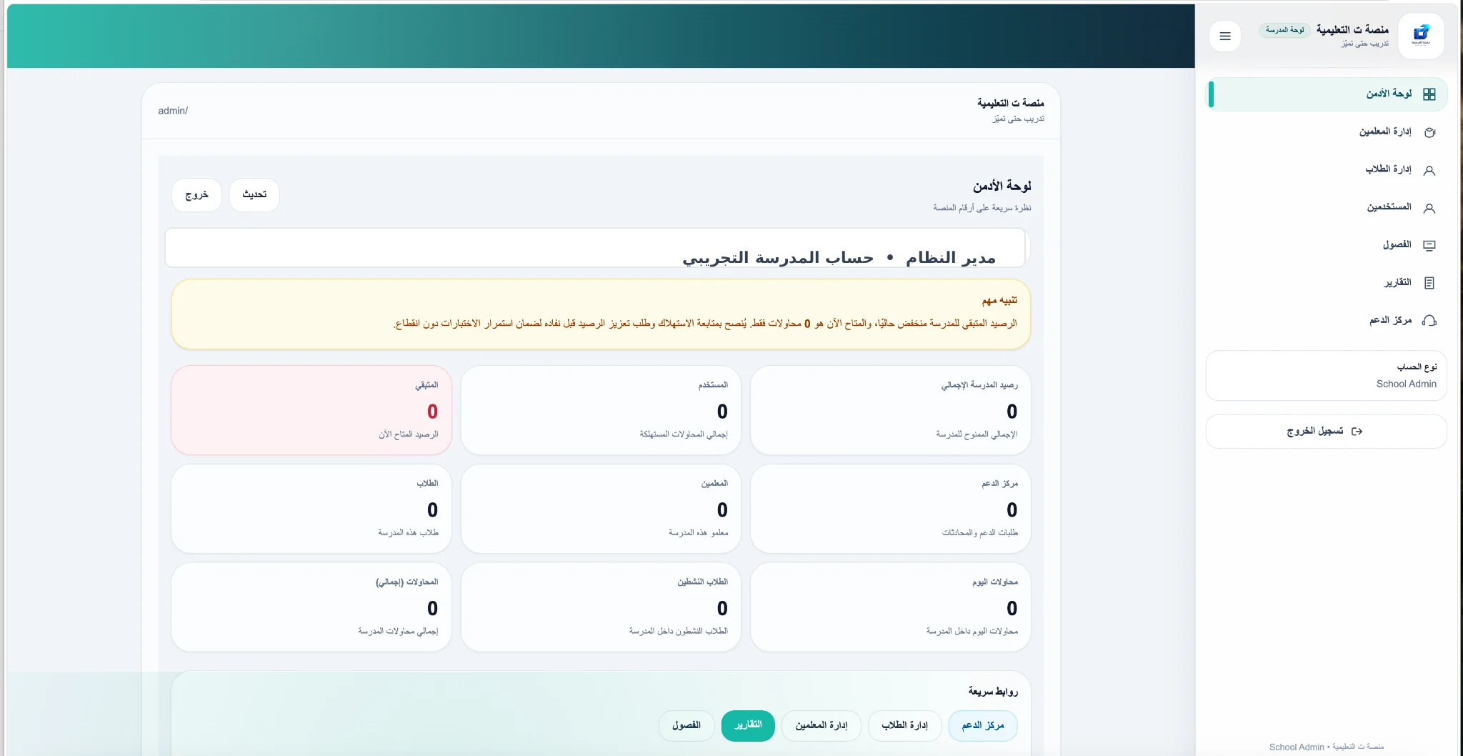 لوحة إدارة المدرسة في منصة ت التعليمية